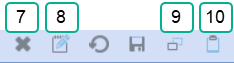 7. Delete selected item icon is an x symbol, flat design style. 8. Rename Selected item is an clipboard with pen icon, flat design style. 9. Copy Icon, greyed out = unable to copy, black = able to copy, both are flat design style. 10. Paste icon, greyed out = unable to paste, black = able to paste, both are flat design style.